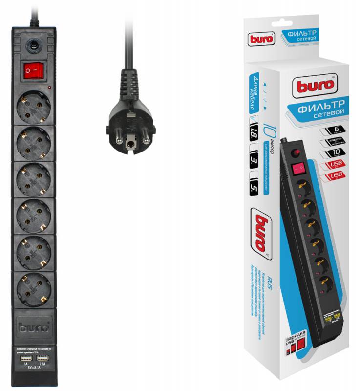 Сетевой фильтр Buro BU-SP1.8_USB_2A-B
